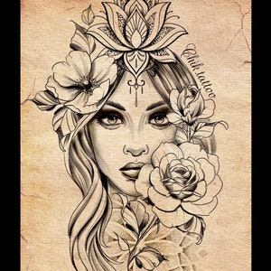 Feminine and floral design for chik tattoo tattoo. Instant download of stencil tattoo design