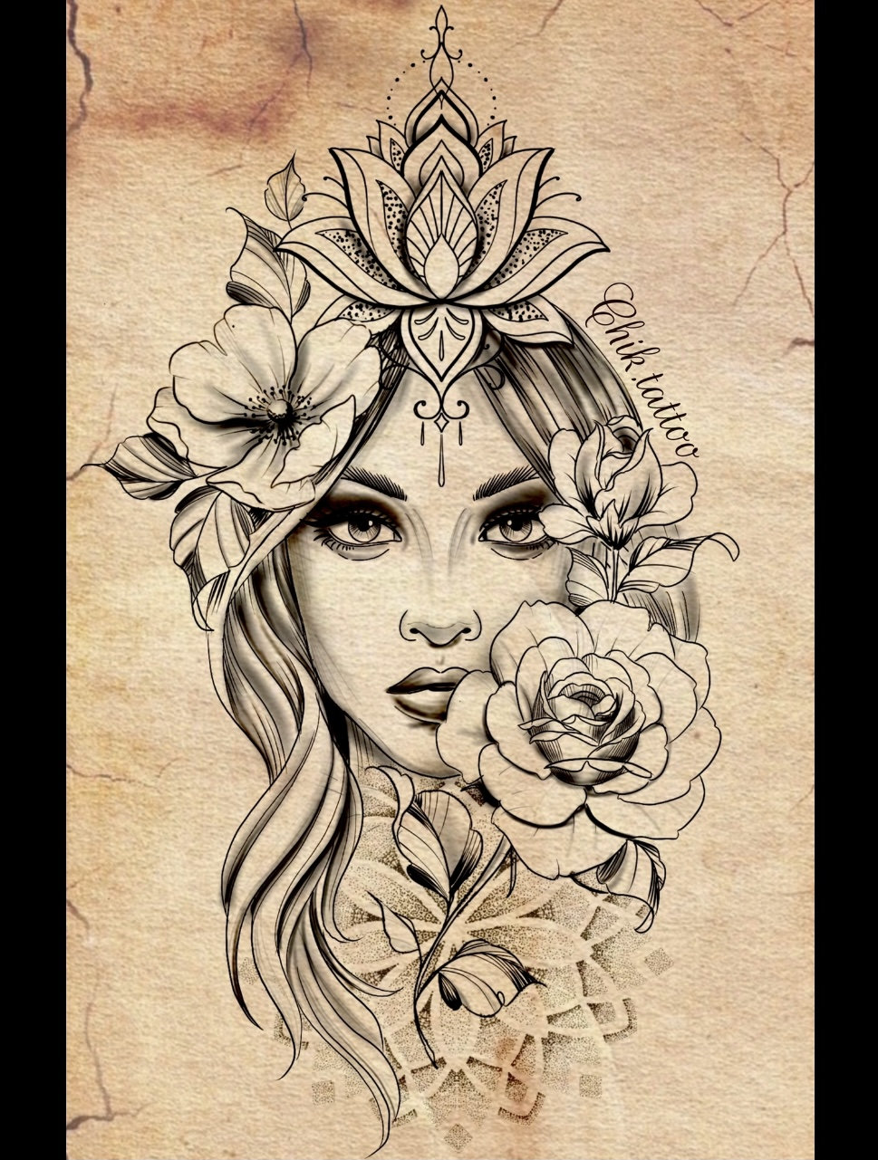 Feminine and floral design for chik tattoo tattoo. Instant download of  stencil tattoo design, image size:969x1281