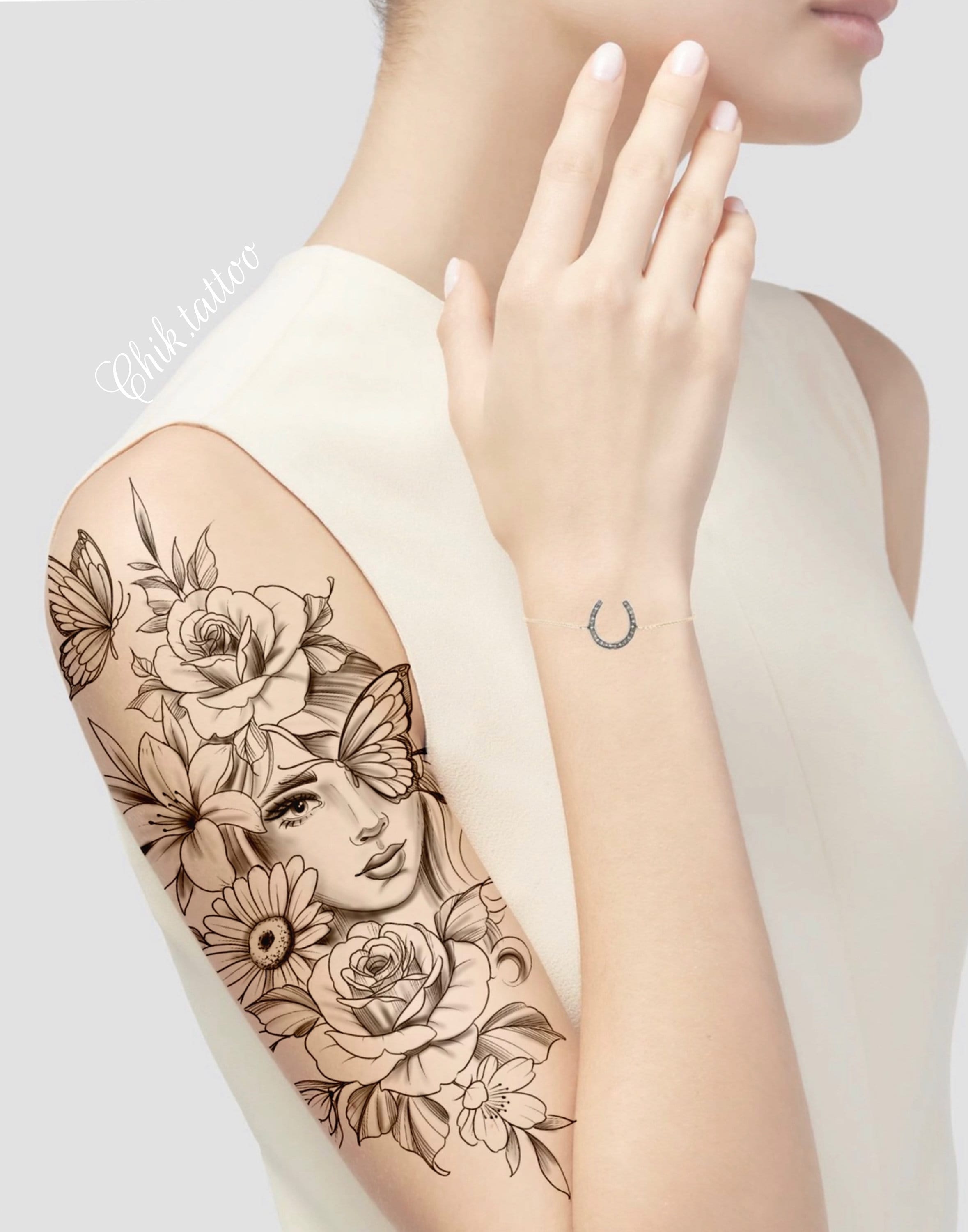 Feminine and floral design for chik tattoo tattoo. Instant download of  stencil tattoo design, image size:2358x3000