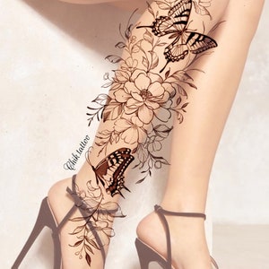 Feminine and floral design for chik tattoo tattoo. Instant download of stencil tattoo design butterfly calf