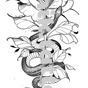 Feminine and floral design for chik tattoo tattoo. Flower snake tattoo design stencil instant download