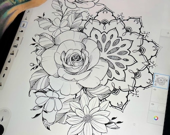 May include: Black and white line drawing of a floral tattoo design featuring a large rose, smaller flowers, and a mandala. The design is drawn on a white background and includes the text "Chik.tattoo".