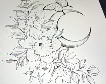 May include: A black and white line drawing of a crescent moon with a butterfly perched on top. The moon is surrounded by a bouquet of flowers, including daffodils and other blossoms.