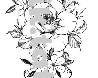 Può includere: Un disegno in bianco e nero di una rosa con foglie e una farfalla. La rosa è al centro dell'immagine ed è circondata da foglie e una farfalla. Il disegno è in stile vintage.