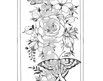 May include: Black and white line drawing of a floral bouquet with two butterflies. The bouquet includes roses, smaller flowers, and leaves. The butterflies are in flight and have detailed wings.