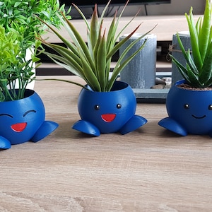 Könnte beinhalten: Drei blaue Keramik-Blumentöpfe in Form einer Comicfigur mit roten lächelnden Mündern und schwarzen Augen. Jeder Topf hat vier kleine Beine und beherbergt eine andere Art von grüner Pflanze.