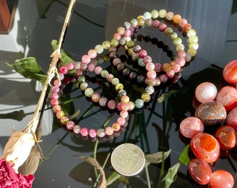 Unique - Natural Multi-Color Watermelon Tourmaline 6/7mm Beaded Bracelet- October Birthstone - Great Gift -Crystal Gemstone Christmas