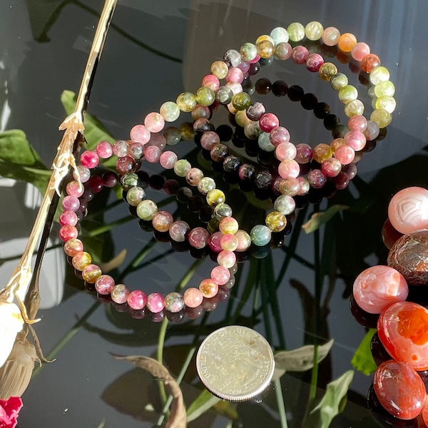 Unique - Natural Multi-Color Watermelon Tourmaline 6/7mm Beaded Bracelet- October Birthstone - Great Gift -Crystal Gemstone Christmas