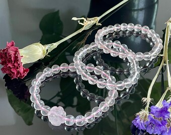6 STAR - Natural Mozambique Rose Pink Quartz Stone Stretchy Beaded Bracelet - 8/9/10MM - Icy - Gem - Crystal - Unique - Healing - Love Stone