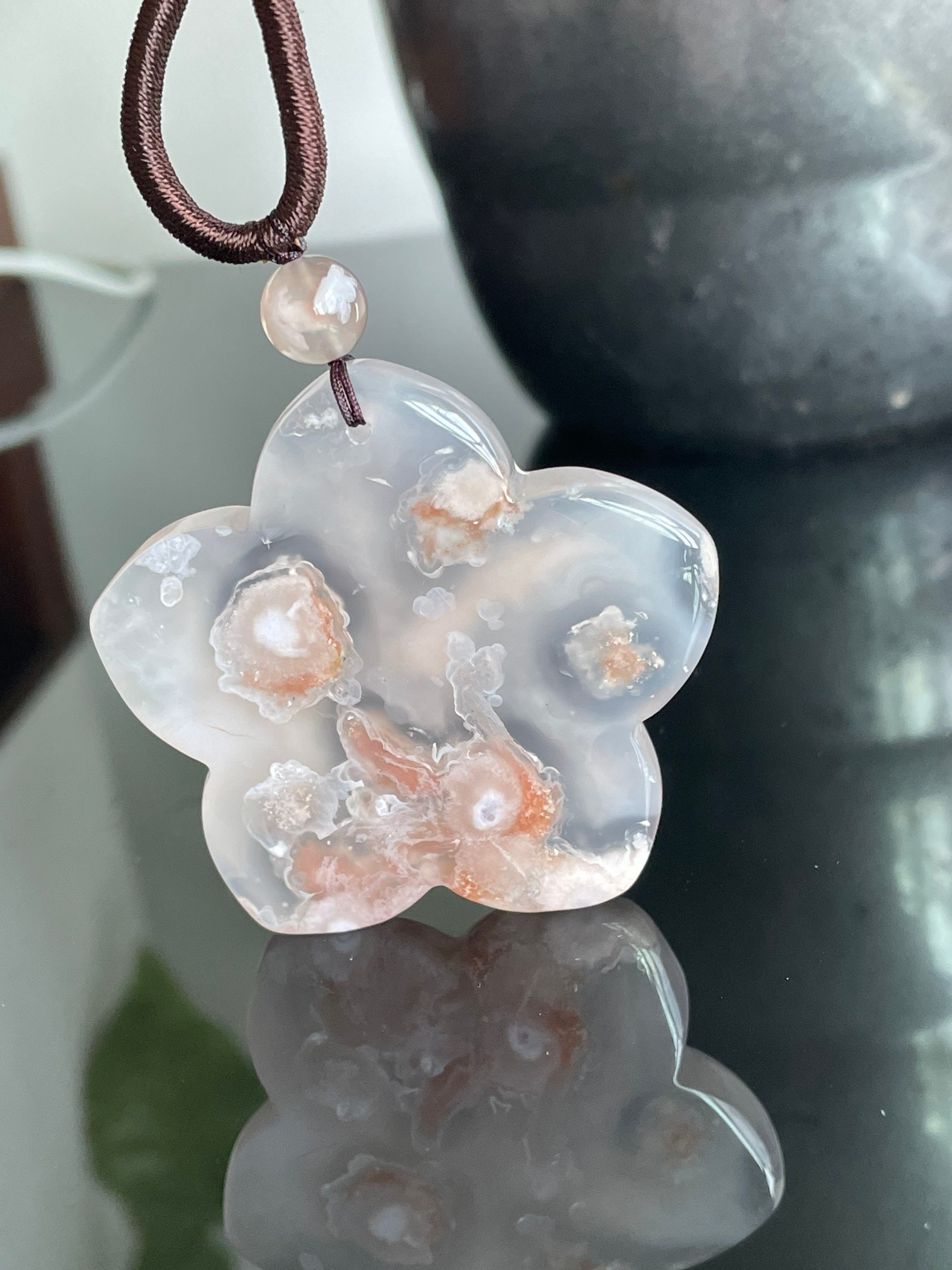 Apengshi Natural Crystal Cherry Blossom Agate Sun Moon Earrings Healing Crystal Stones Celestial Crescent Moon Star Pendant Earrings Reiki Holiday