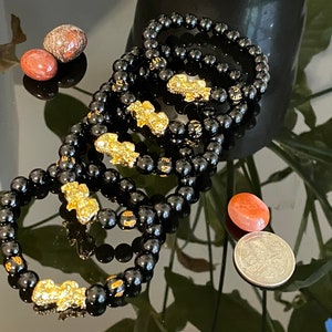 SALES - Natural Black Obsidian Beaded Bracelet with Pixiu Gold Plated - 8mm - Gemstone - Good Luck - Protective Handmade