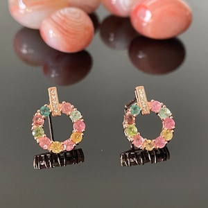 Super mignon - Boucles d&#39;oreilles en argent 925 avec tourmaline naturelle multicolore couleur or rose - Pierre de naissance d&#39;octobre - Unique - Magnifique - Pierre précieuse