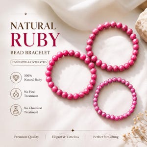 May include: Three circular bracelets made of small, round, deep pink natural ruby beads. The image includes text stating NATURAL RUBY BEAD BRACELET, UNHEATED & UNTREATED, 100% Natural Ruby, No Heat Treatment, No Chemical Treatment, Premium Quality, Elegant & Timeless.
