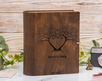 Personalized Wooden Wedding Memory Book Box : Custom Engagement Keepsake Chest, 5th Anniversary Gifts
