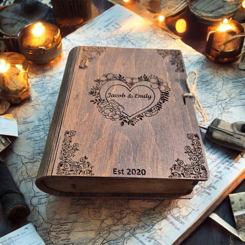 Anniversary Gift, Engagement Gifts, Personalized Couple Memory Book Box, Custom Wooden Keepsake Chest