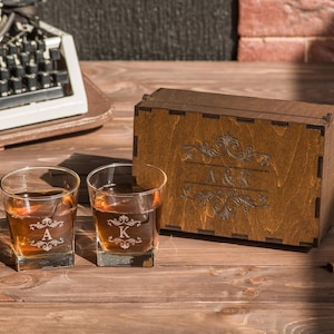 Personalized Anniversary Gift for Couple, Personalized Whiskey Glass Set Engraved Wood Gift Box, Engagement Gifts