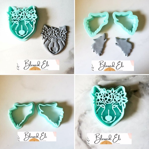 WOLF Clay Cutters- Polymer Clay Cutter/ Stamp- Wolf with Flower Crown- Howling wolf