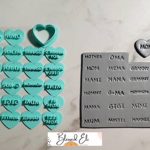 Mothers day polymer clay heart cutter stamp phrases for earrings, magnets,keychains etc. Mom, Mommy,Nana, Oma, Aunt, Best Mom Present
