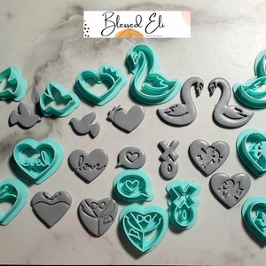 Valentines Day Designs Polymer clay cutters- Swain, XOXO, Love Heart, Cupid Heart, Doves, Crowned Heart, Heart Speech Bubble,Bride and Groom