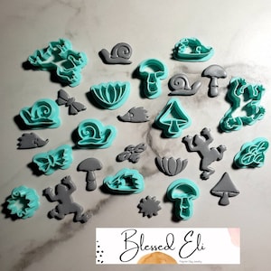 Mystical forest polymer clay cutters, frog, moth, bee,flower, snail, hedgehog, mushrooms, sun