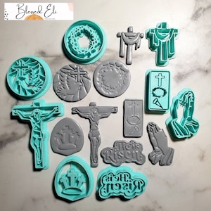 Jesus Crucifixion Easter polymer clay cutters, cross, crown of thorns, He is risen, Prayer hands, 3 crosses, Dove with cross, cross, nails