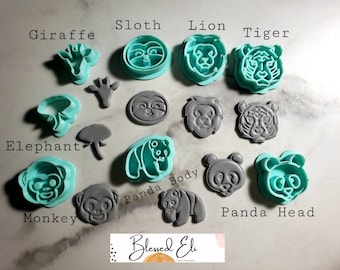 ZOO ANIMALS- Monkey, Lion, Tiger, Giraffe, Elephant, Sloth, Panda head, Panda Body polymer clay cutters