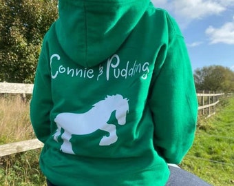 Personalised horse and rider hoodie. Adult and child sizes available. Add your name and horses name, choice of coloured hoodies available