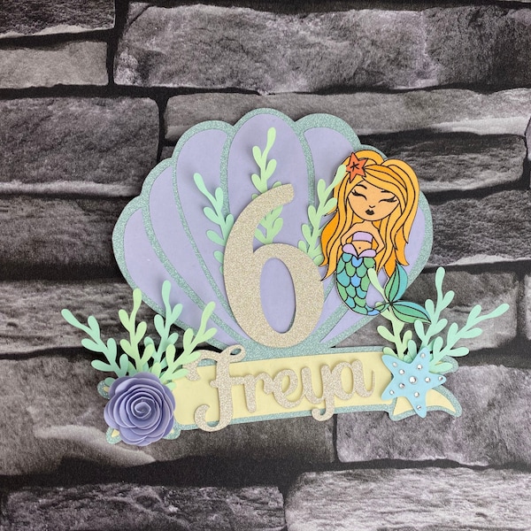 Personalised Mermaid cake topper - large glittery under the sea themed cake decoration