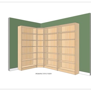 Peut inclure: Vue en perspective d'une bibliothèque d'angle sur mesure avec plusieurs étagères. La bibliothèque est en bois clair et est placée contre un mur vert.