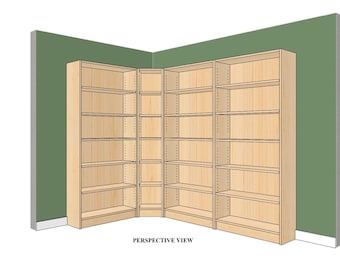 May include: A perspective view of a custom corner bookshelf unit with multiple shelves. The bookshelf is made of light wood and is set against a green wall.