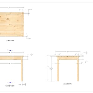 May include: A line drawing of a table with dimensions labeled in inches. The table is square with four legs. The drawing shows a plan view, front view, and section view of the table.