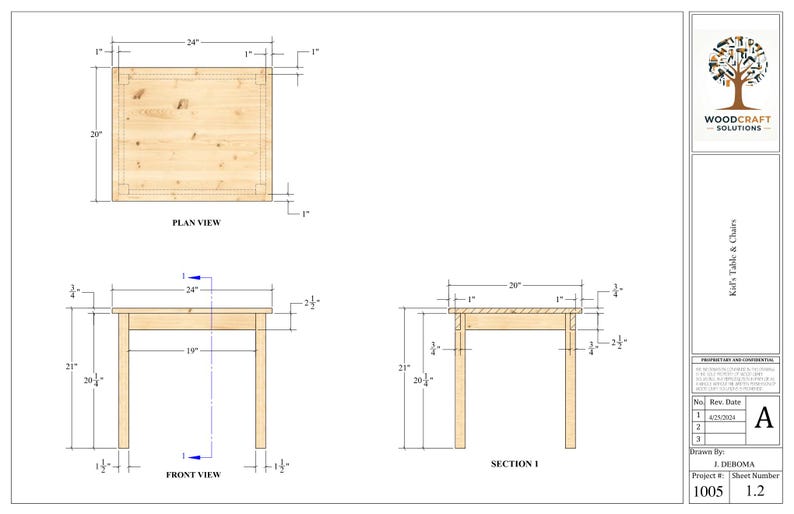 May include: A line drawing of a table with dimensions labeled in inches. The table is square with four legs. The drawing shows a plan view, front view, and section view of the table.