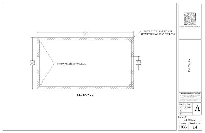 May include: A black and white line drawing of a wooden box with mitered corners. The drawing shows the box in cross-section, with the sides and bottom of the box visible. The drawing includes the text "SCREW ALL SIDES TO CLEATS" and "SECTION 2-2".