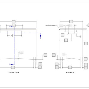 May include: A technical drawing of a wooden toy box with dimensions labelled in inches. The drawing shows the front and end views of the box. The box has a hinged lid and is designed to be assembled with piano hinges. The drawing includes the text "Kikh Toy Box" and "Project #: 1033 Sheet Number 1.2".