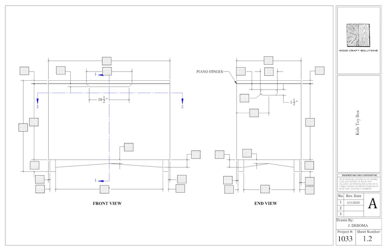 May include: A technical drawing of a wooden toy box with dimensions labelled in inches. The drawing shows the front and end views of the box. The box has a hinged lid and is designed to be assembled with piano hinges. The drawing includes the text "Kikh Toy Box" and "Project #: 1033 Sheet Number 1.2".