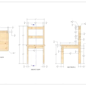 May include: A detailed blueprint for building a wooden chair. The plan includes measurements in inches for the chair's height, width, and depth. The chair has a simple design with a rectangular seat and back.