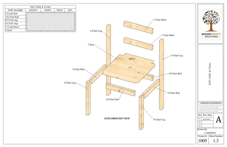 May include: Exploded view diagram of a wooden chair with labeled parts. The chair is made of natural wood and has a simple design. The diagram shows how the chair is assembled.