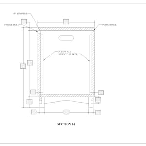 May include: A black and white line drawing of a wooden toy box with a piano hinge, finger hole, and 1/8 inch bumpers. The drawing shows a section view of the box with the text "SCREW ALL SIDES TO CLEATS" and "SECTION 1-1".