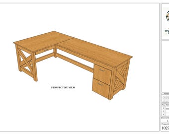 May include: A 3D rendering of a wooden L-shaped desk with two drawers. The desk has a farmhouse style with an X-shaped design on the sides. The desk is made of light brown wood.