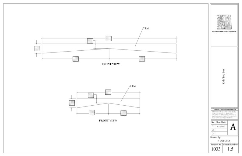 May include: Line drawing of a toy box with a 7-rail and 8-rail front view. The drawing is labelled "Kish Toy Box" and includes the text "WOOD CRAFT SOLUTIONS".