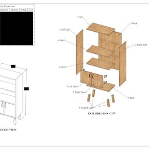May include: Exploded view diagram of a mid-century bookcase with labeled parts. The bookcase is made of wood and has two doors, two shelves, and four legs. The diagram shows how the parts fit together to create the finished product.