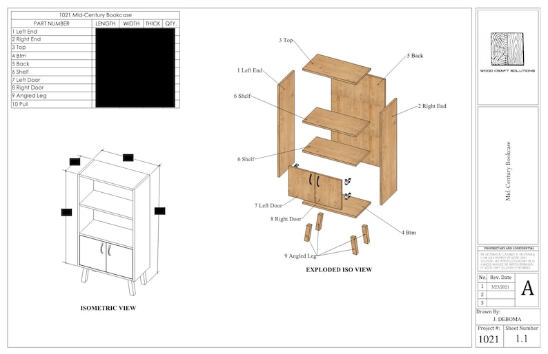 May include: Exploded view diagram of a mid-century bookcase with labeled parts. The bookcase is made of wood and has two doors, two shelves, and four legs. The diagram shows how the parts fit together to create the finished product.