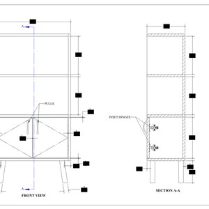 May include: Line drawing of a mid-century bookcase with two shelves and a door. The drawing shows the front view and a cross-section view. The bookcase has a simple design with straight lines and a rectangular shape. The drawing includes dimensions and details like pulls and inset hinges.