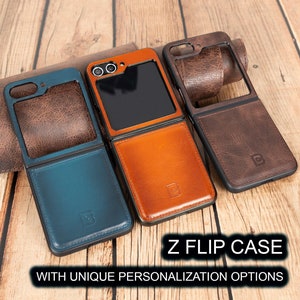 Gepersonaliseerde leren Samsung Z Flip6-hoesje, Galaxy Z Flip 6-hoes, monogram ZFlip 5-hoesje cadeaukleur en graveeropties, leren Z Flip5-hoesje