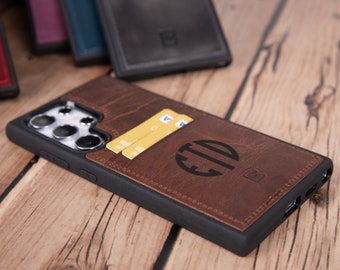 Personalized Custom Galaxy S24 Case with Card Holder, Full Grain Leather Case for S24 Ultra, S24 Plus and S24