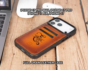 May include: A brown leather iPhone case with a black border, featuring the name "EDWARD" and slots for cards. The case is designed for iPhone 17 Pro Max, 17 Pro, 17 Air, and 17 models. The text "FULL GRAIN LEATHER CASE" is also visible.