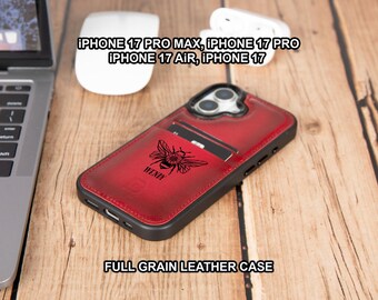 May include: A red full-grain leather iPhone case with a black border. The case features a bee graphic and the name "WENDY". The text "IPHONE 17 PRO MAX, IPHONE 17 PRO, IPHONE 17 AIR, IPHONE 17" is also visible.
