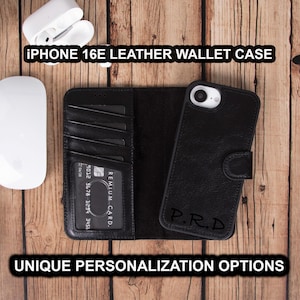 Black Leather iPhone 16E Wallet, iPhone 16E Case, Leather iPhone 16E Cover, MagSafe Case iPhone 16E, Wireless Charge iPhone 16E Cover, Gift