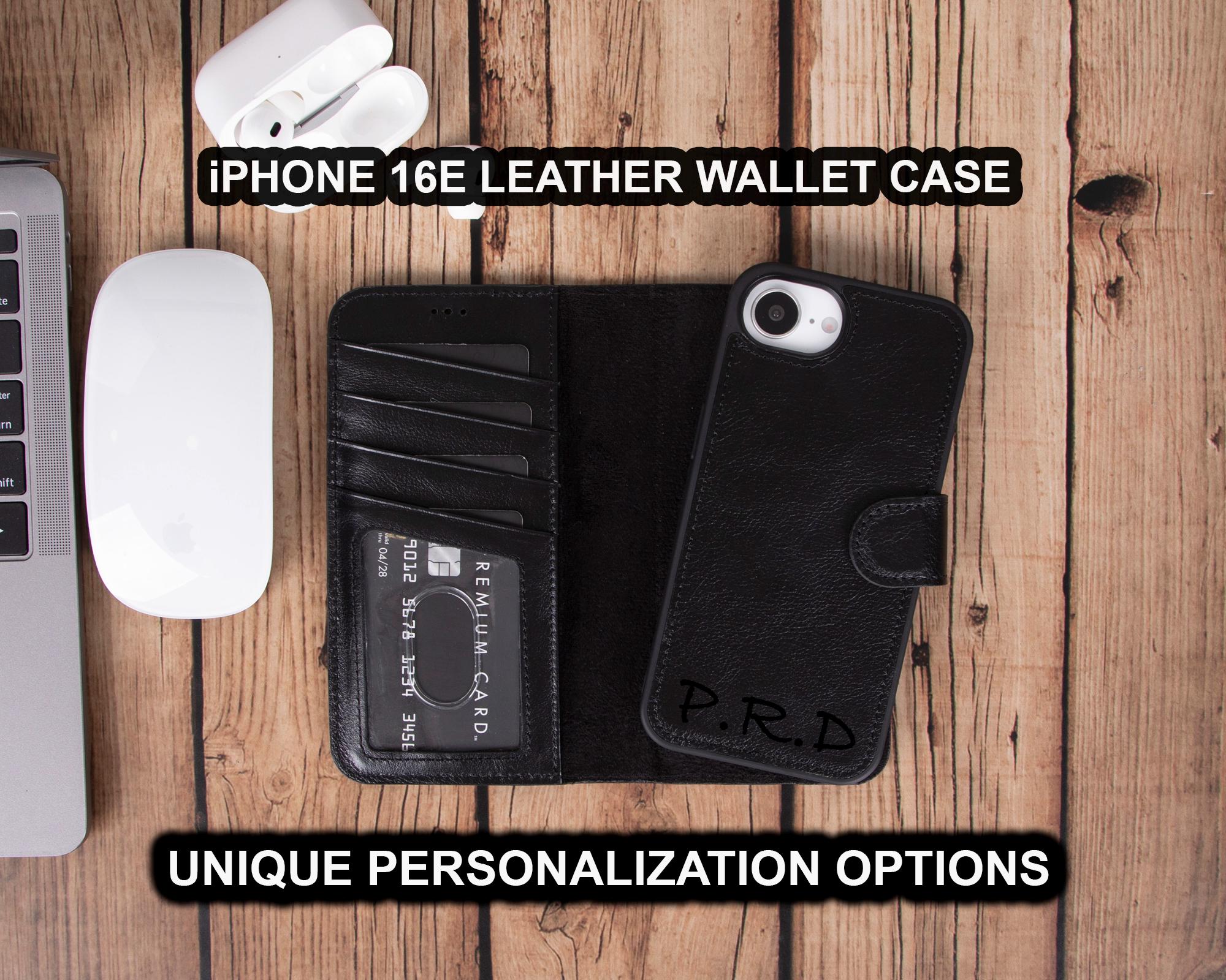 Portefeuille en cuir noir pour iPhone 16E, coque pour iPhone 16E, coque en cuir pour iPhone 16E, étui MagSafe pour iPhone 16E, recharge sans fil pour