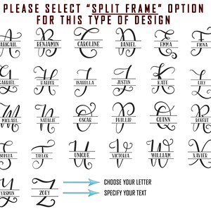 May include: A chart of 26 different calligraphy letters, each with a name underneath. The letters are in black and white and are separated into rows of six. The letters are all in a cursive font. The chart is on a white background. The text at the bottom of the chart says "Choose your letter" and "Specify your text".